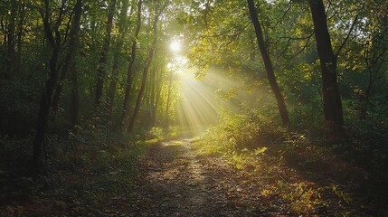 Fototapeta premium Sun shining through leaves on a forest trail
