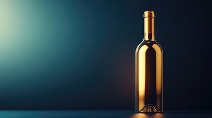 Elegant Gold-Colored Wine Bottle with Metallic Finish Against Gradient Background Transitioning from Dark Navy Blue to Light Blue