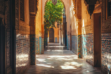Obraz premium A Glimpse into Serenity: A sun-drenched alleyway in a traditional Muslim neighborhood, adorned with intricate tilework and a vibrant citrus tree.