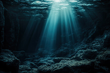 Obraz premium A Beam of Light Pierces the Dark Depths, Illuminating the Ocean Floor and Revealing a Rocky Landscape.