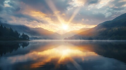   A mountainous region encompasses a body of water beneath a cloudy sky with the sun filtering through the clouds above the water