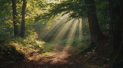 Obraz premium A sun-dappled trail weaving through the heart of the woods