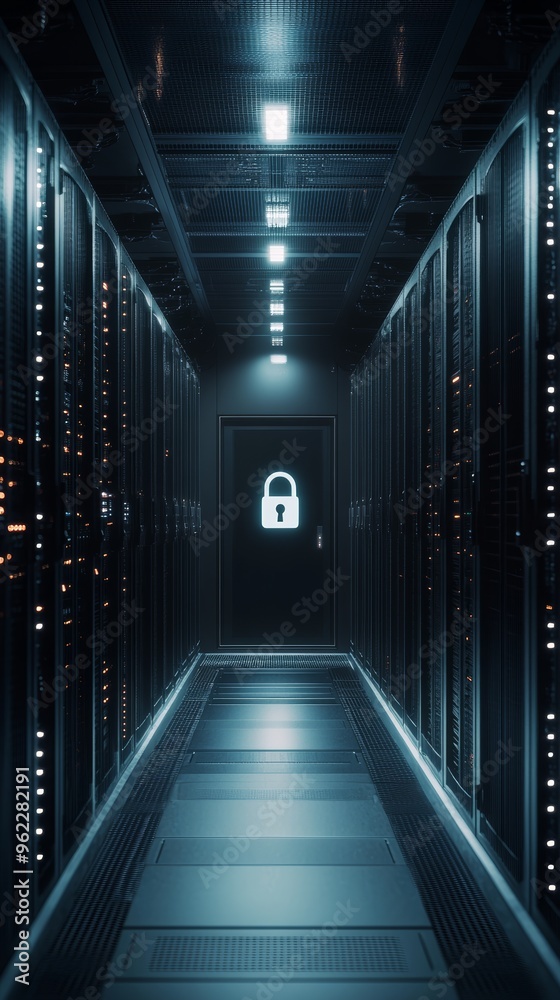 Poster dimly lit server room with a glowing white lock icon on the door. focus on cybersecurity and data pr