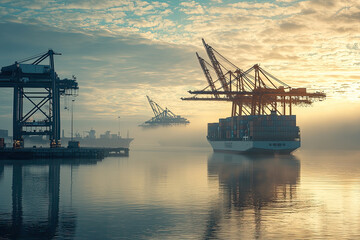 Obraz premium A majestic cargo ship glides through a misty sunrise, its silhouette casting a long shadow on the tranquil water. The cranes stand tall, ready for the day's work.