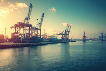 Fototapeta premium Sunset Hues Over Busy Port: Cranes & Cargo Ships Dance Against a Vibrant Sky