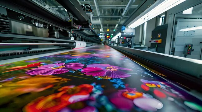 Close-up of a large format printer printing a colorful floral design