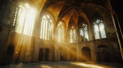 Obraz premium Sunlight streams through the antiquated building's windowed interior, illuminating the expansive room of glass