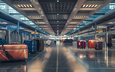 Obraz premium A wide-angle view of an airport check-in area with multiple pieces of luggage neatly arranged, while travelers are waiting or looking from the side. 