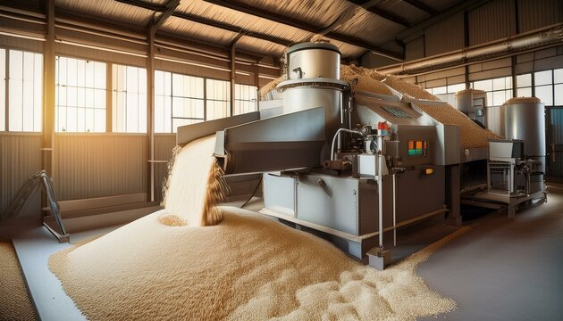 the industrial process of milling dried rice, where husks are removed to reveal the white rice grains.