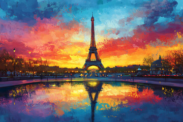 Obraz premium Watercolor Aesthetics of the Eiffel tower with colorful sunset in the background