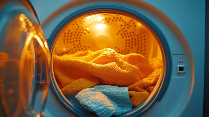 Close-up of a washing machine with clothes inside.