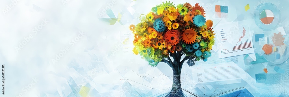 Aufkleber Data-driven tree made of gears representing business growth and technology with colorful charts and graphs. Ideal for concepts of innovation and progress.