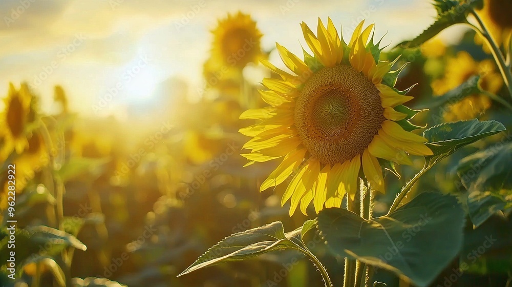 Poster   In the center of a sea of sunflowers, the golden sun pierces through the clouded sky