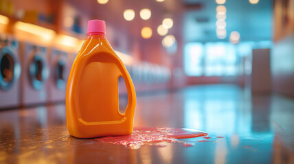 Spilled orange detergent in a modern laundry room.