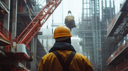 Fototapeta premium A construction worker in a hard hat operating a crane at a busy building site, copy space 