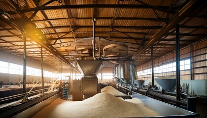 the industrial process of milling dried rice, where husks are removed to reveal white grains.