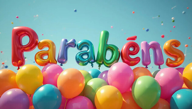 Parab&eacute;ns. Bal&otilde;es coloridos. Feliz anivers&aacute;rio. Parab&eacute;ns em 3D. Parab&eacute;ns e bal&otilde;es coloridos. Festa de anivers&aacute;rio. Comemorar anivers&aacute;rio. Bexigas coloridas. Bal&otilde;es coloridos em fundo azul.