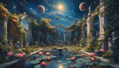 A vibrant mural depicting a serene garden adorned with colorful water lilies, showcasing nature's beauty and tranquility.