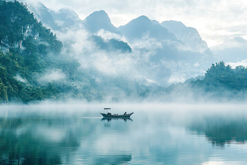 Fototapeta premium A lone fishing boat glides through a tranquil lake, enveloped by a misty veil, as towering mountains rise in the background. 