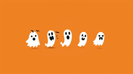 Fototapeta premium Cute Cartoon Halloween Ghosts on Orange Background