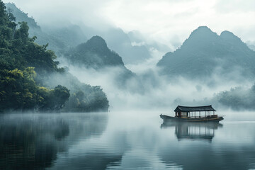 Fototapeta premium A solitary fishing boat glides through a tranquil lake shrouded in ethereal mist, nestled amongst misty mountains. The scene evokes a sense of peace and serenity, a moment frozen in time.