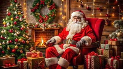 Santa Claus Sitting by Christmas Tree in Cozy Living Room