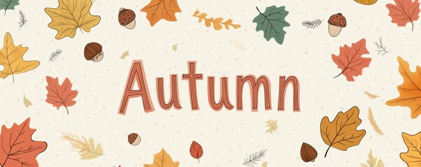 Fototapeta premium Charming pastel autumn illustration with leaves and acorns in beige tones for seasonal design