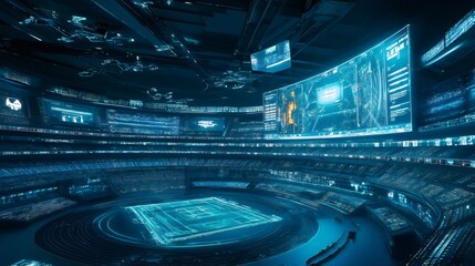 Futuristic stadium with digital screens and glowing lines.