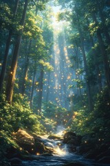Obraz premium Magical Forest Stream with Glowing Fireflies - Sunbeams pierce through tall trees in a magical forest, with glowing fireflies floating above a peaceful stream.