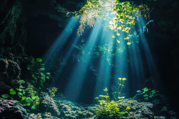 Obraz premium A shaft of sunlight illuminates a hidden underwater cave, revealing a world of vibrant greens and mysterious depths.
