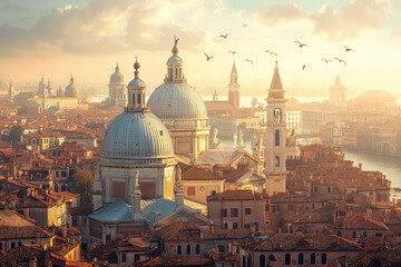 Obraz premium Golden Hour in Venice: A City Bathed in Warm Light, Domed Churches Stand Tall Against a Sky Filled with Birds