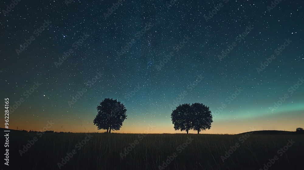 Poster   Two trees stand tall against the dark sky, framing a canopy of shimmering stars overhead