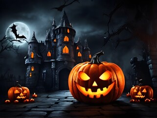 Halloween, A spooky Halloween scene with an eerie glowing pumpkin, haunted castle, flying bats, and flickering candles.








