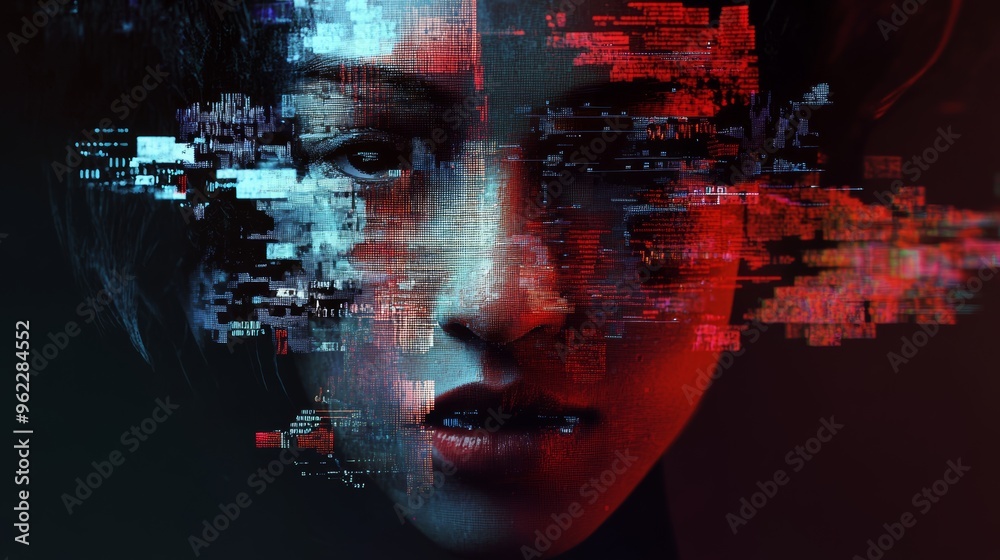 Poster Digital face with glitching red and blue pixels, representing digital identity and cybersecurity threats.