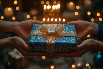 A close-up of family members exchanging Hanukkah gifts wrapped in blue and silver, with a menorah glowing softly in the background, capturing the spirit of giving.