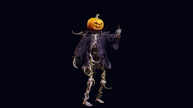Funny pumpkin Jack o lantern with skeleton body in old torn robe dancing on black background. Halloween 3D animation for greeting cards, invitations, posters, events, parties