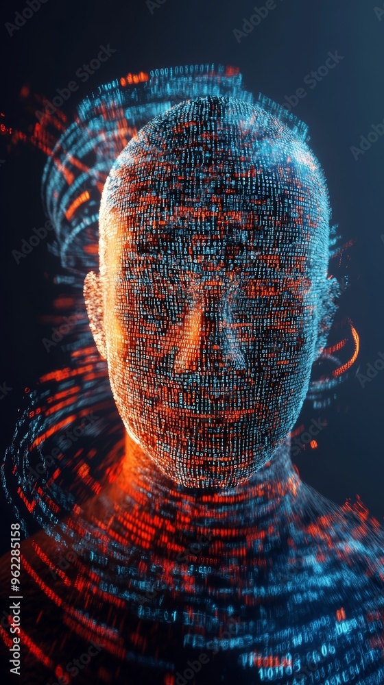 Poster Pixelated human profile with binary code representing cyber security and data encryption.