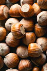 Hazelnut, fresh organic filbert, nuts macro, food background, vertical framing.