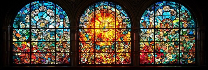 Colorful stained glass window intricate patterns and bold vibrant colors