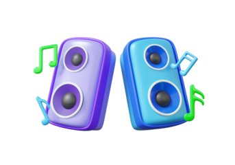 Music speaker with notes melody musical colorful loudspeaker technology studio, concert, music entertainment, radio, plastic cartoon style cute smooth, element. 3d render illustration