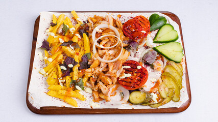 Delicious porion doner kebab with fries and vegetables