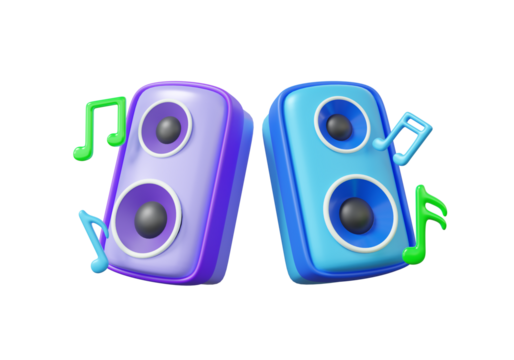 Music speaker with notes melody musical colorful loudspeaker technology studio, concert, music entertainment, radio, plastic cartoon style cute smooth, element. 3d render illustration