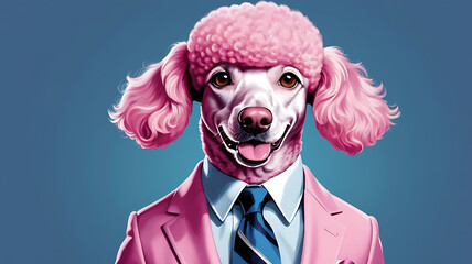 Portrait of anthropomorphic pink poodle dog in a suit  on a bright background