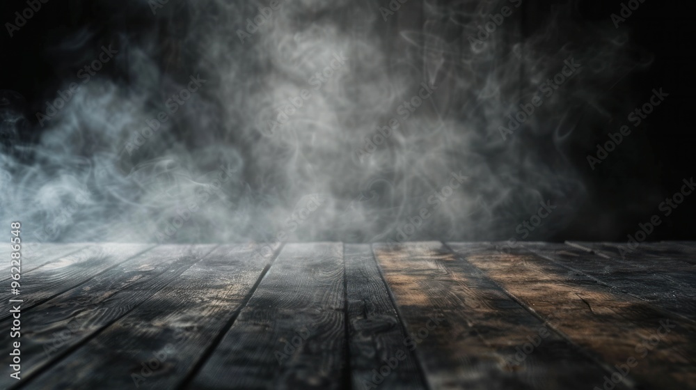 Wall mural fog in darkness - smoke and mist on wooden table - abstract and defocused halloween backdrop