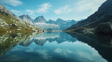 Obraz premium A serene lake cradled by towering peaks under a vast blue canopy adorned with wispy white clouds
