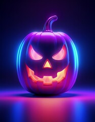Halloween neon carved pumpkin jack o lantern on a dark background 