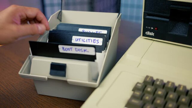 A user flips through his floppy disks and locates the GAMES disk. Vintage computer user concept.  	