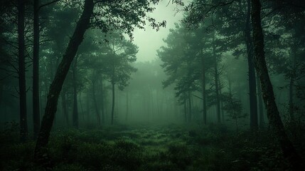 Obraz premium A dense, misty woods brimming with numerous tall trees and a verdant carpet of lush grass