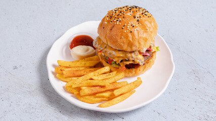 Delicious burger and French fries