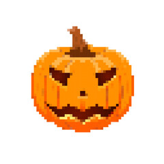 Pixel vector illustration of a Halloween pumpkin with a carved sinister grin. Pixel art Orange pumpkin with a brown stem in retro style, suitable for holiday and digital designs.